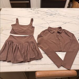 Recess pickleball tennis skirt bra and cardigan set large brown